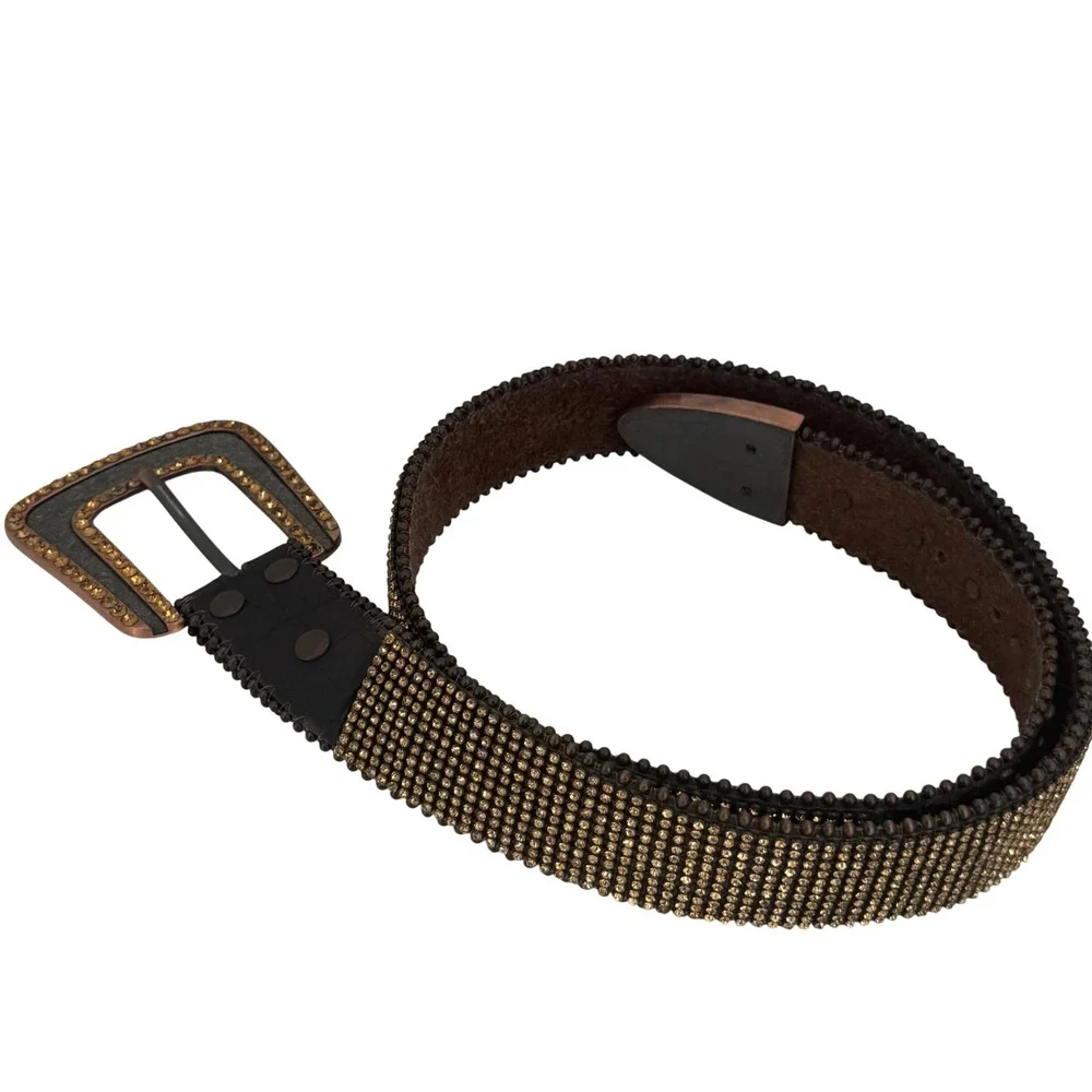 Western Rhinestone Studded Brown Leather Belt Amber Crystal Cowgirl‎ Boho S/M